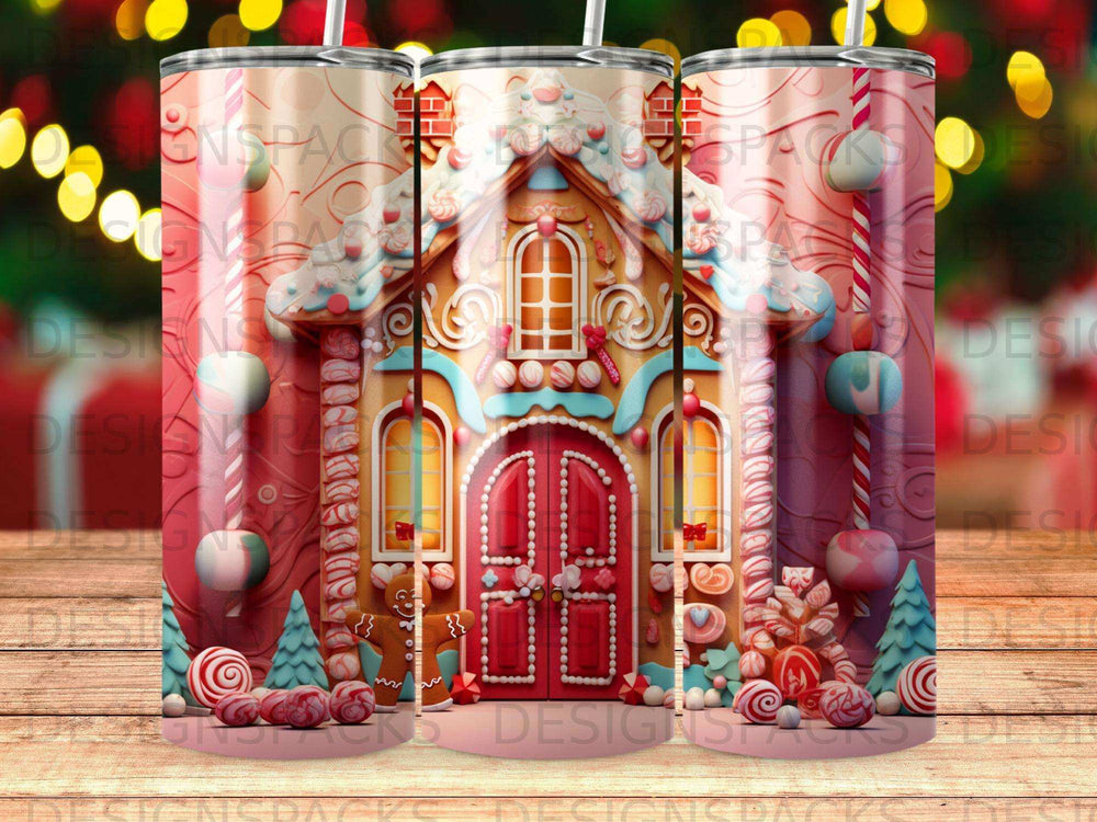 Gingerbread house with candy decorations and swirling pink background.
