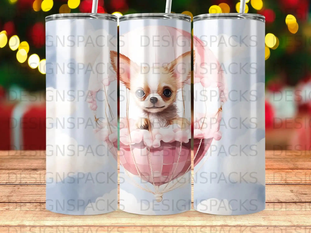 Chihuahua puppy in a hot air balloon, soft clouds, blurred lights background.