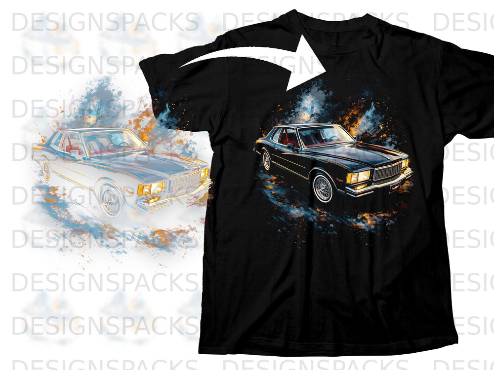 Black t-shirt with a graphic of a vintage car with a colorful, abstract background.