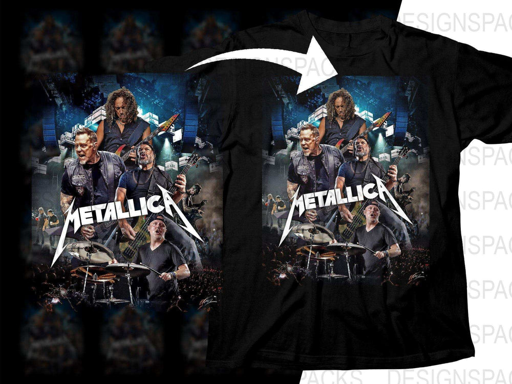 Metallica band concert design on black t-shirt, print-ready for DTG or DTF