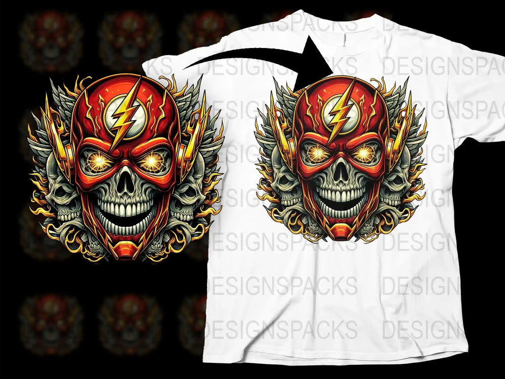 Skull with lightning bolt and flames design for t-shirt printing