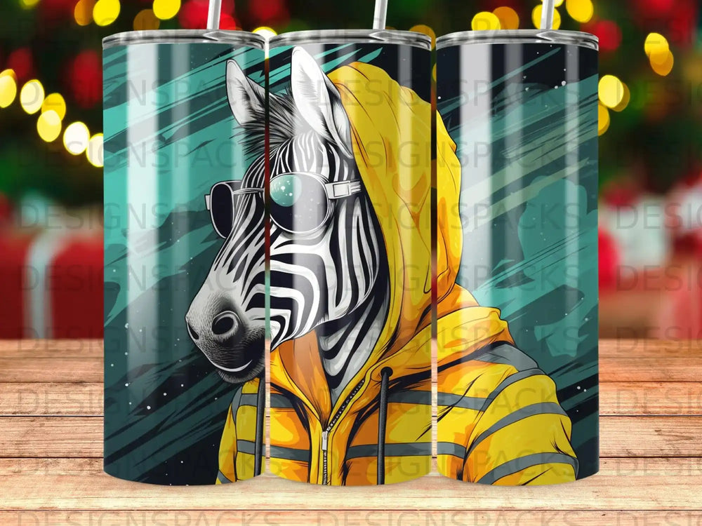 Zebra in sunglasses and yellow hoodie against a dark, abstract background.