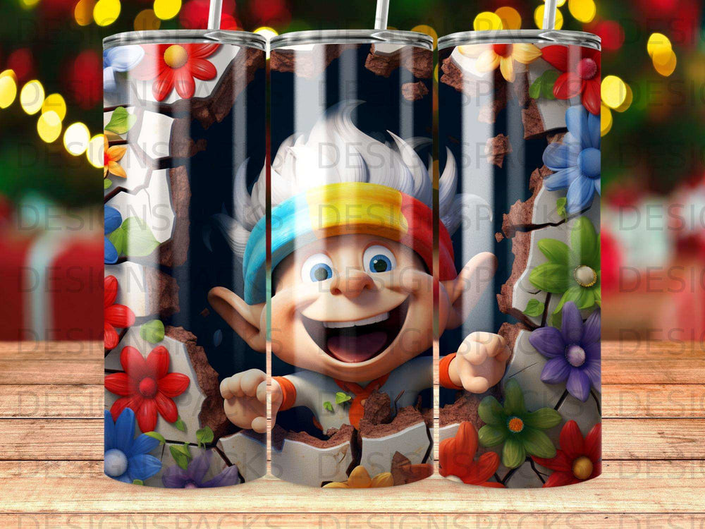 Cartoon elf with a wide smile breaks through a cracked wall surrounded by colorful flowers.