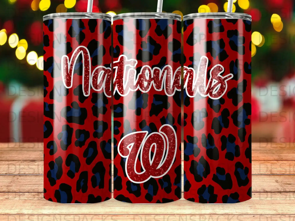 Washington Nationals logo and wordmark on a red and black leopard print tumbler.