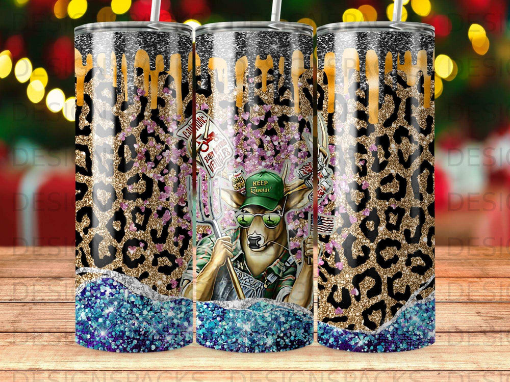 Deer in military uniform holding a pitchfork with leopard print and glitter border.