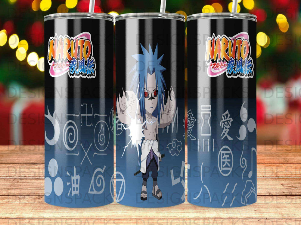 Naruto Sasuke Uchiha with lightning powers on a blue gradient tumbler.