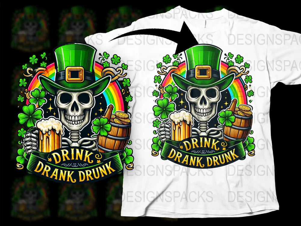 St. Patrick's Day skull design with green hat, beer, shamrocks, and 'Drink Drank Drunk' text on white t-shirt