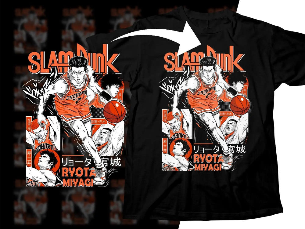 Slam Dunk Ryota Miyagi anime t-shirt design with vibrant orange and black graphics