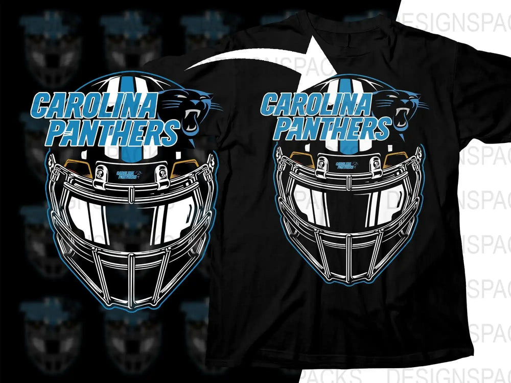 Carolina Panthers football helmet design on black t-shirt, print-ready graphic for DTG/DTF