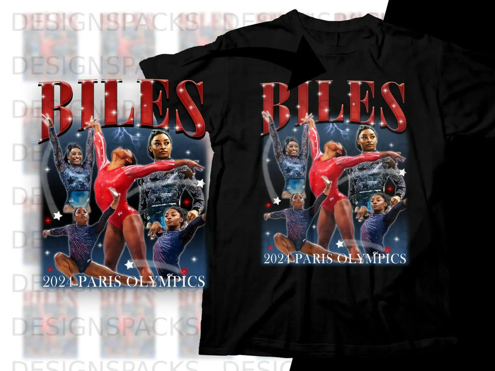 Gymnast Simone Biles performing on a black t-shirt with "BILES" and "2024 Paris Olympics" text.