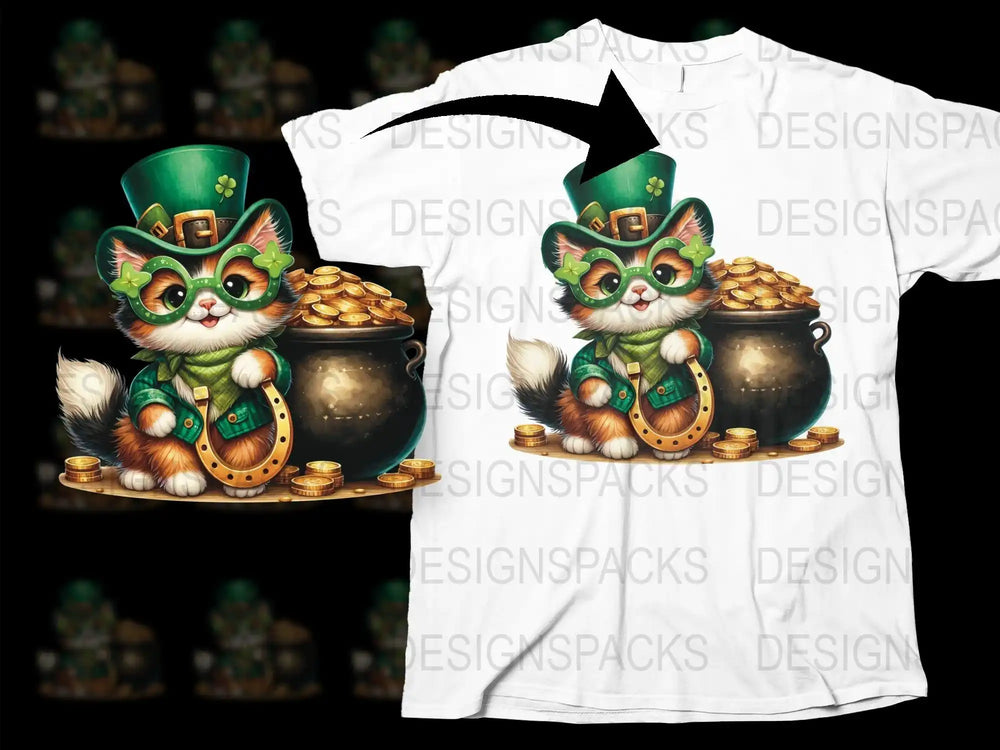 Cute St. Patrick's Day cat in green hat and glasses with gold coins and horseshoe design on t-shirt