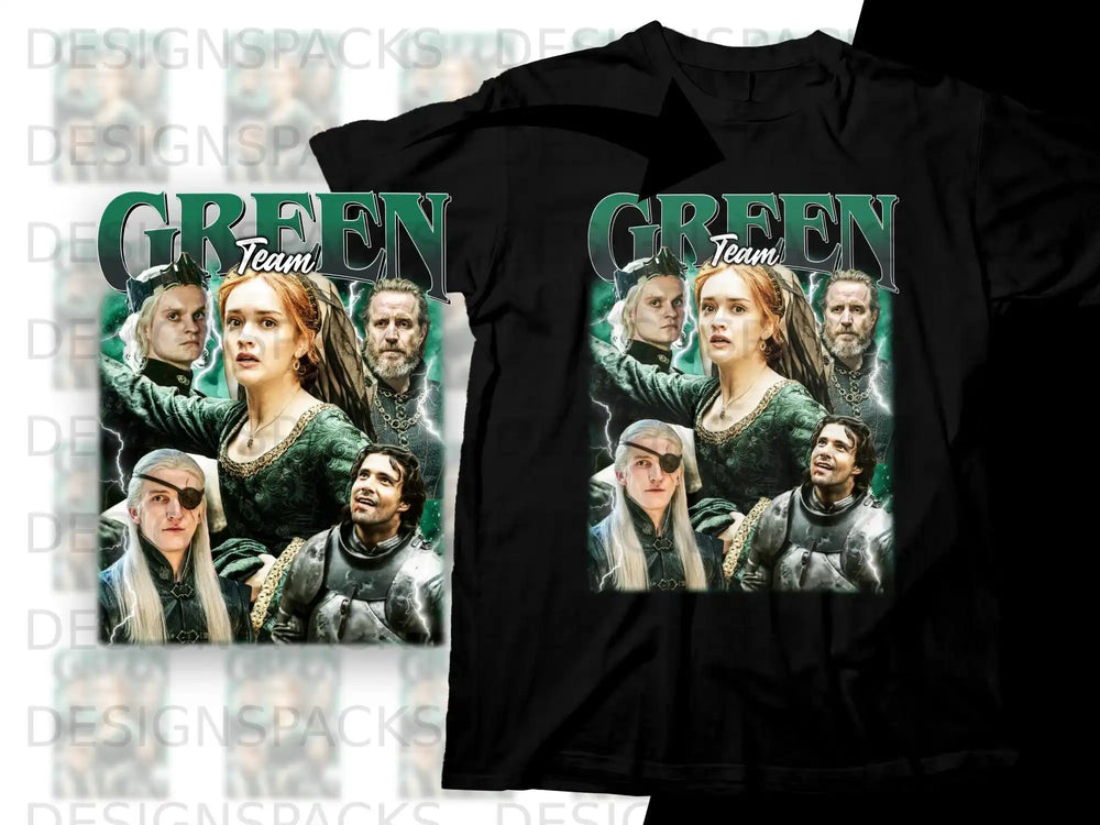 Black t-shirts featuring a collage of Game of Thrones characters with "Green Team" text.