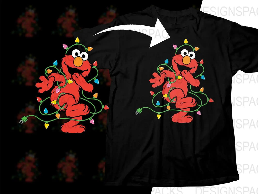 Elmo wrapped in colorful Christmas lights on black t-shirt design