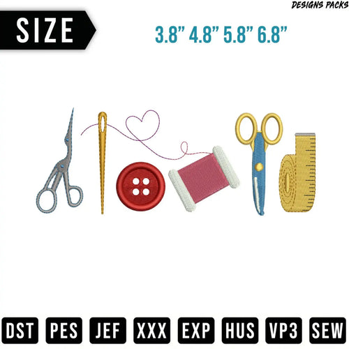Sewing icons with size options and file formats.