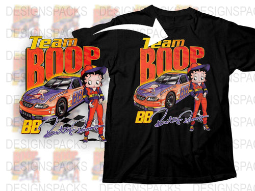 Team Boop Graphic T-Shirt, Cartoon Race Car and Driver Design, Colorful Youthful Tee, Casual Wear, Unique Gift Idea
