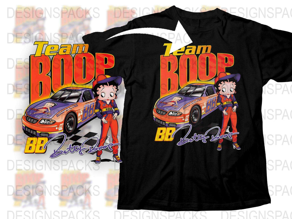 Team Boop Graphic T-Shirt, Cartoon Race Car and Driver Design, Colorful Youthful Tee, Casual Wear, Unique Gift Idea