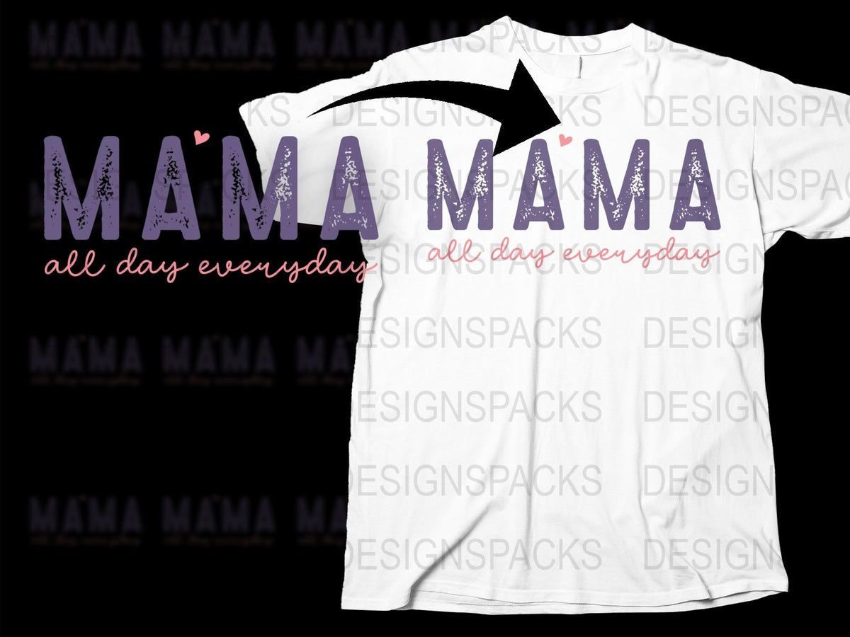 Mama All Day Everyday T-Shirt, Purple Glitter Text, Mother's Day Gift, Casual Women's Tee, Stylish Mom Apparel