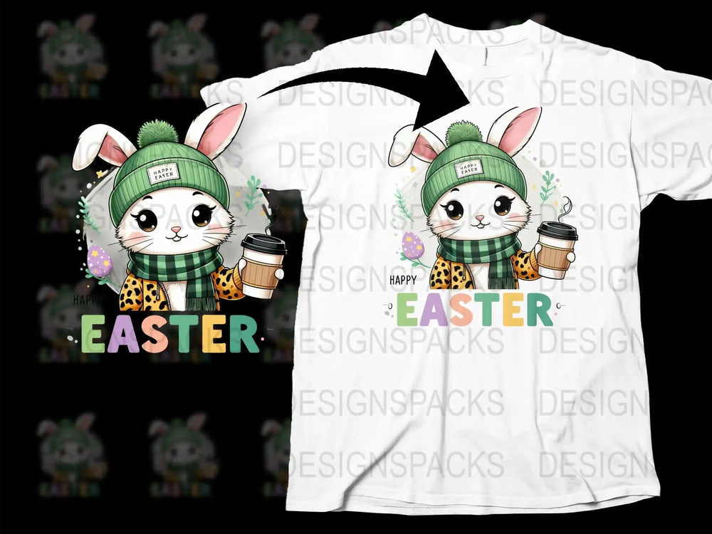 Cute Easter bunny in green hat holding coffee, colorful 'Happy Easter' text on white t-shirt design