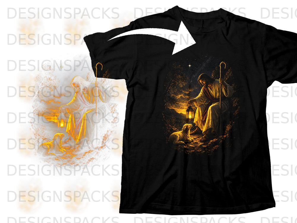 Black t-shirt with graphic of Jesus holding a lantern and a lamb.