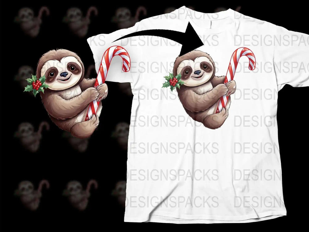Cute Sloth Christmas T-Shirt, Holiday Candy Cane Graphic Tee, Festive Sloth Lover Gift, Unisex Casual Wear
