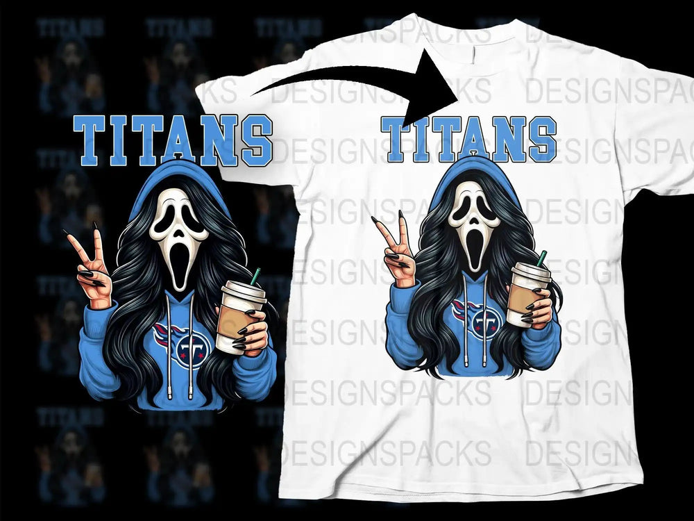 Scream mask girl in Titans hoodie holding coffee, peace sign, print-ready design