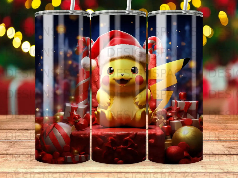 Pikachu wearing Santa hat surrounded by gifts and candy canes.