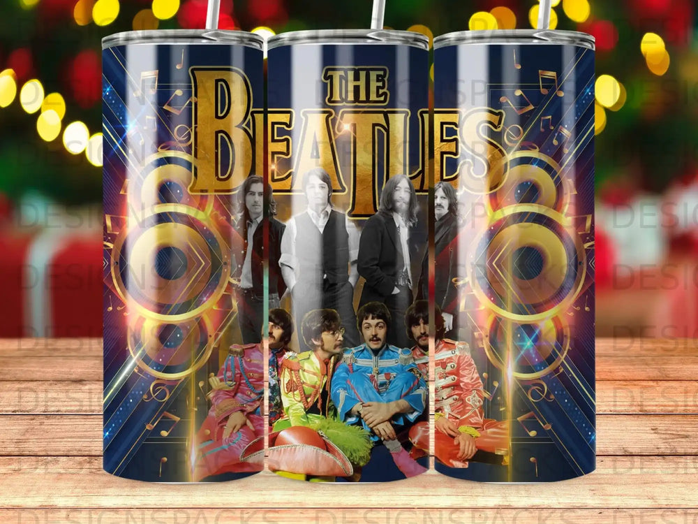 The Beatles in colorful suits with a stylized gold and blue background.
