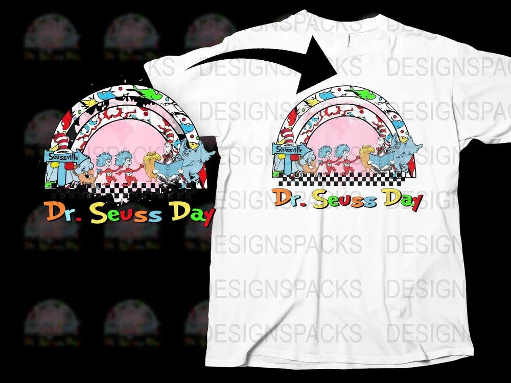 Dr. Seuss Day t-shirt design with colorful characters, rainbow, and Seussville text for DTF/DTG printing