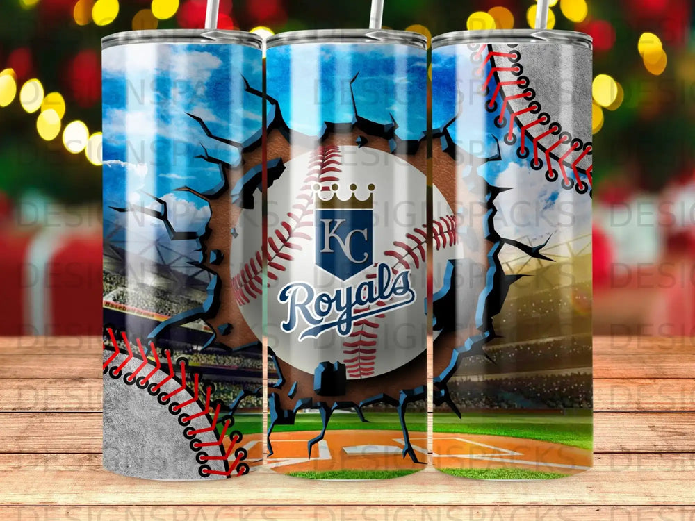 Kansas City Royals baseball logo on cracked stadium background.