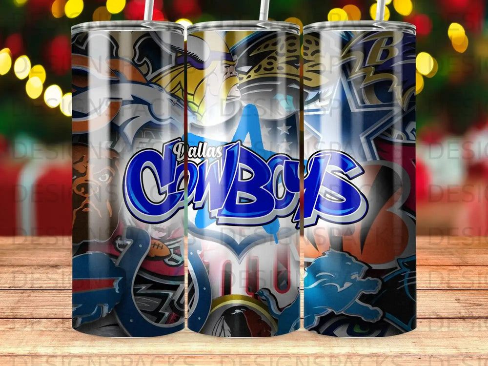 Dallas Cowboys logo and sports team logos on a tumbler.