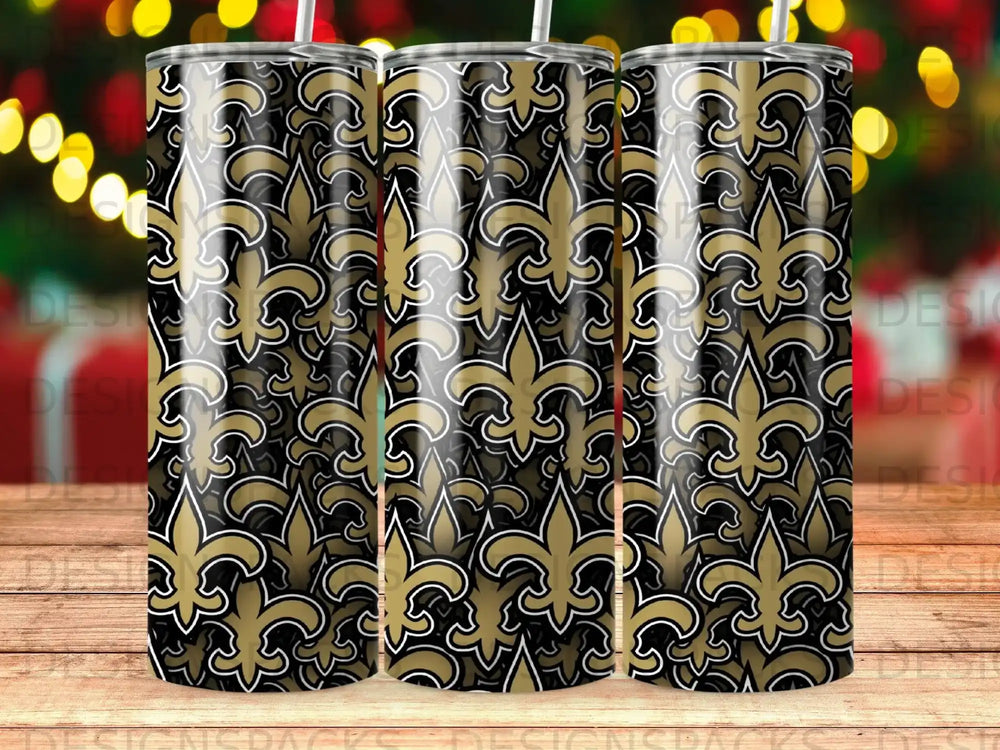 Black and gold New Orleans Saints fleur-de-lis pattern on a tumbler cup.
