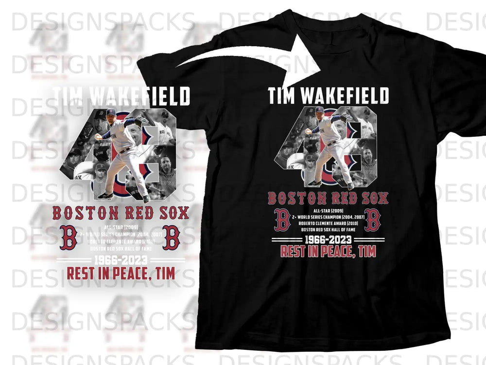 Boston Red Sox Tim Wakefield memorial t-shirt with dates and accolades.