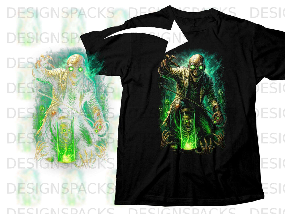 Creepy scientist with glowing green eyes and skeleton in a jar, on black t-shirt.