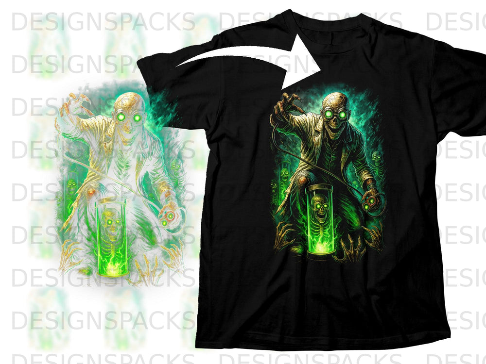 Creepy scientist with glowing green eyes and skeleton in a jar, on black t-shirt.