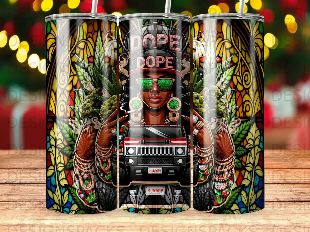 Hummer SUV illustration with cannabis leaves and stained glass background.
