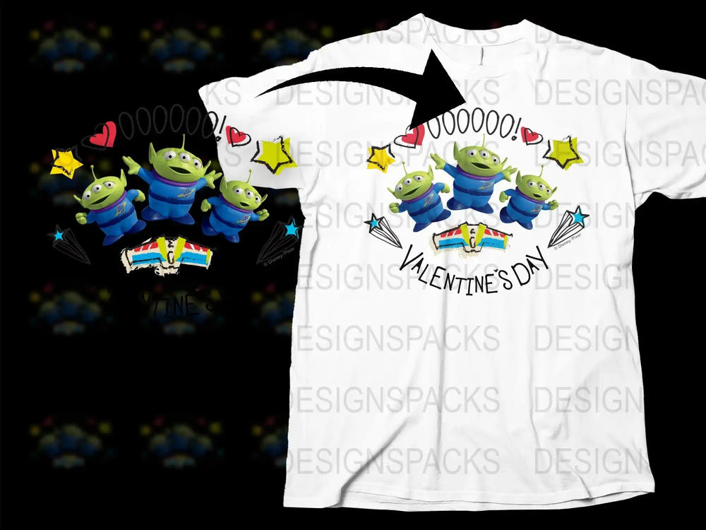 Valentine's Day t-shirt with green aliens, hearts, stars, and 'Oooooo!' text for print-ready designs.