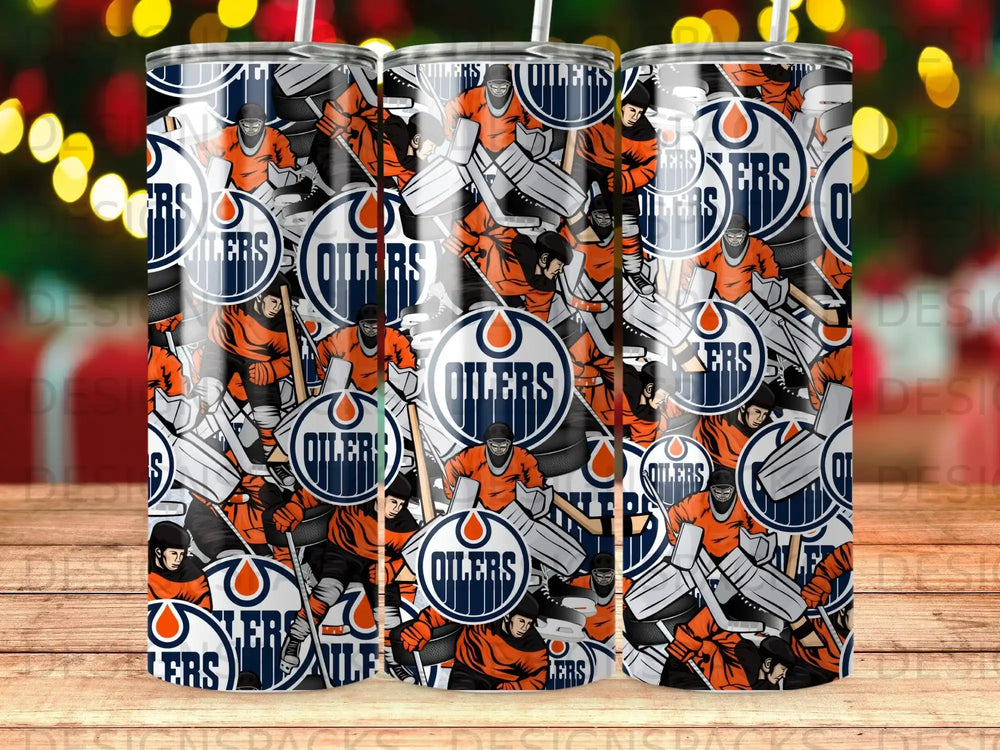 Hockey players in Oilers uniforms with "OILERS" text and hockey sticks.