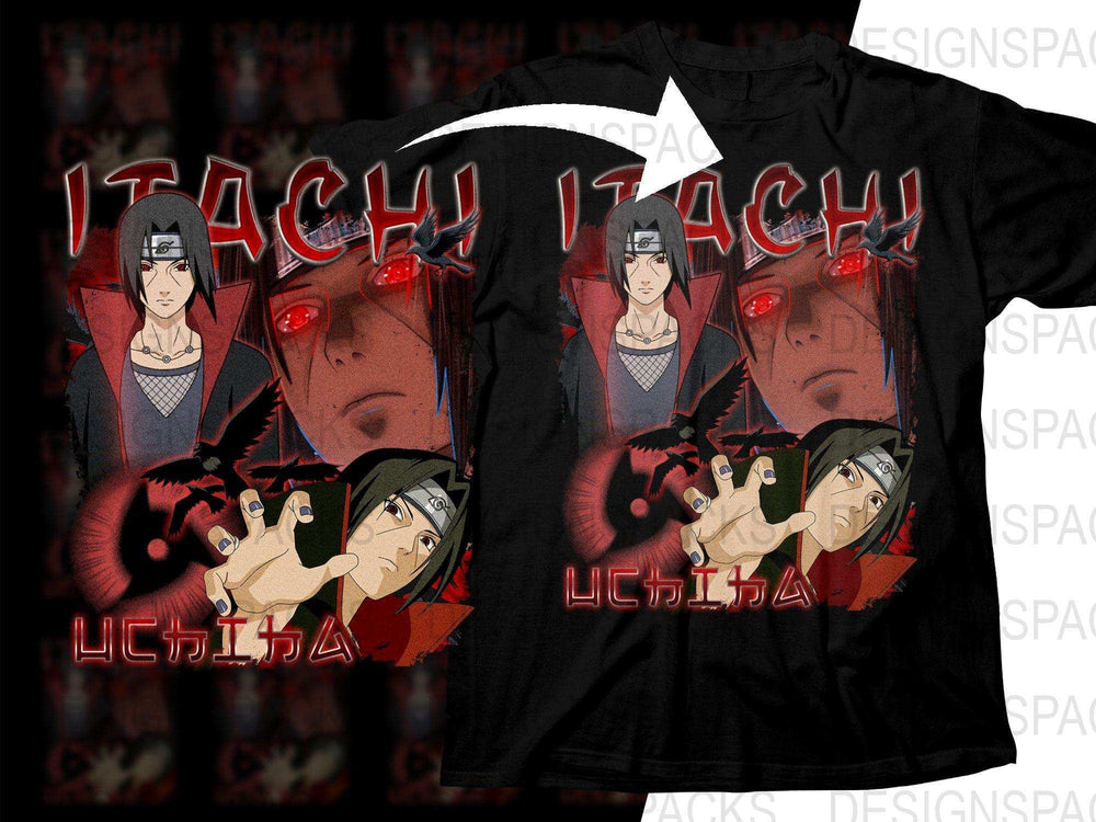 Itachi Uchiha anime t-shirt design with red eyes, crows, and Sharingan, print-ready for DTG/DTF