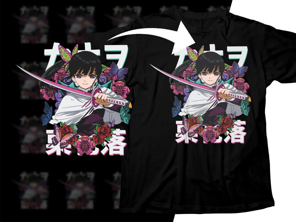 Anime character with sword and floral design on black t-shirt, print-ready for DTG/DTF