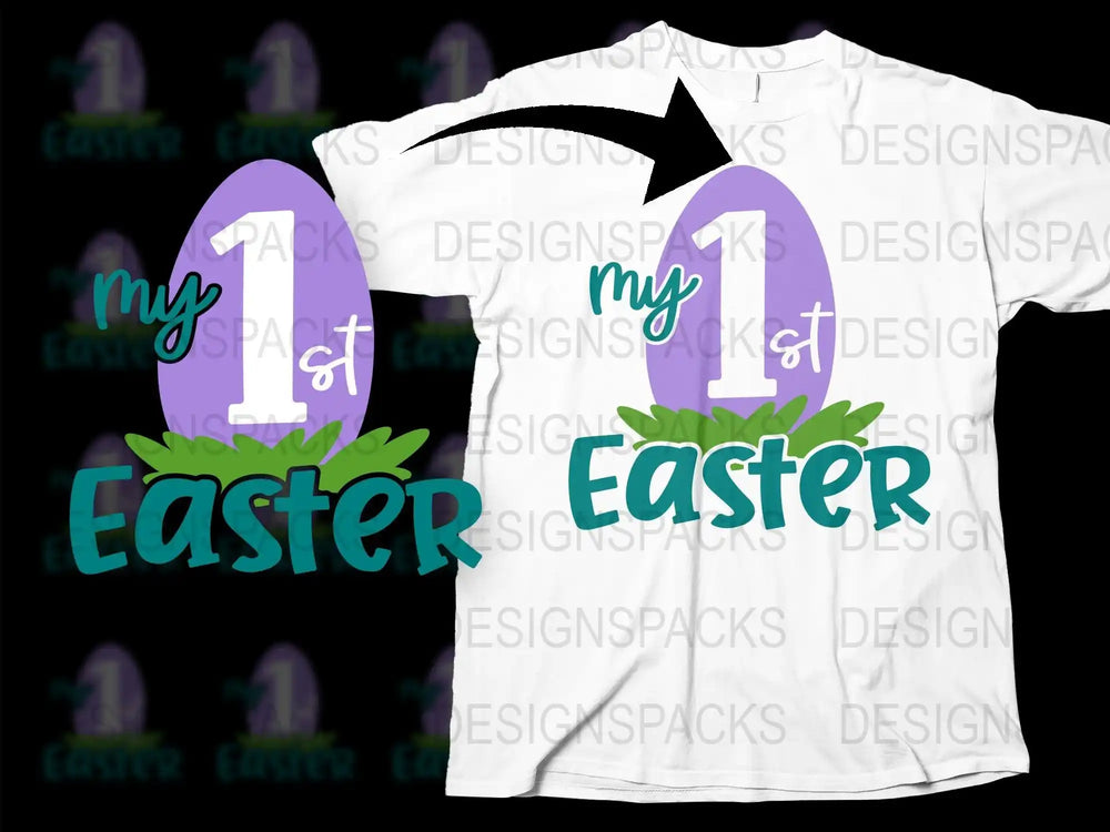 My 1st Easter t-shirt design with purple egg and green leaves, perfect for DTF/DTG printing