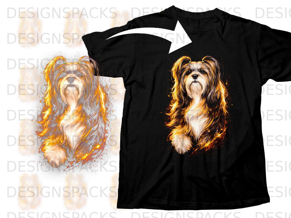 Black t-shirt with a graphic of a fluffy dog surrounded by fiery effects.