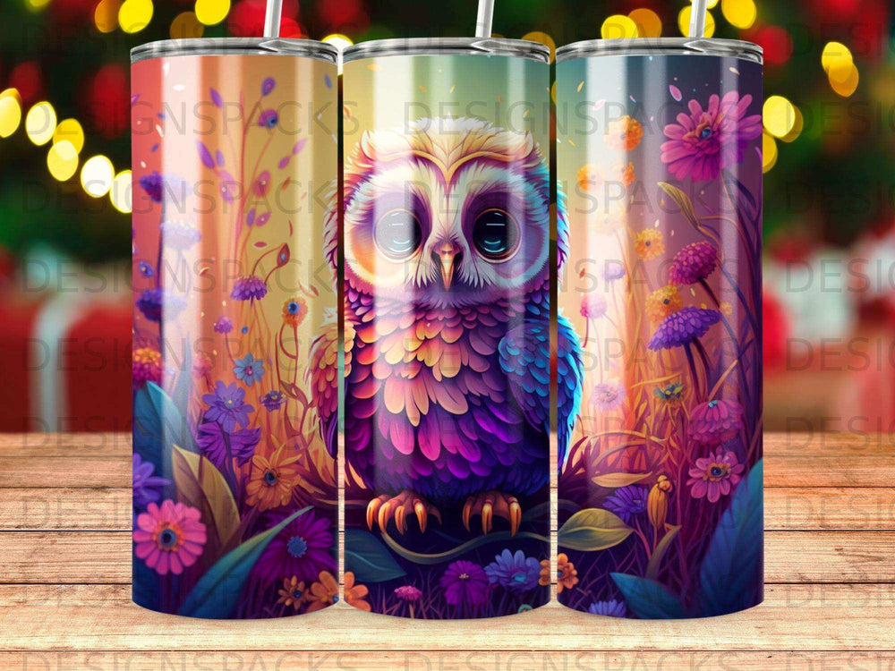 Colorful owl design on a skinny tumbler surrounded by flowers and foliage.