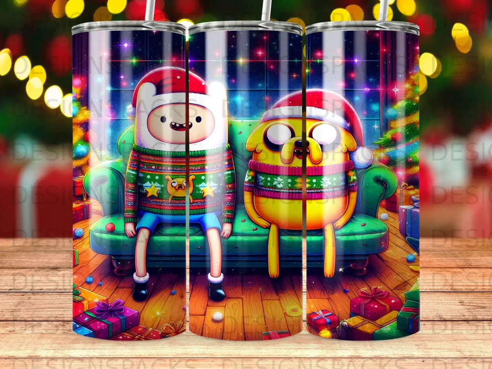 Finn and Jake wearing sweaters and Santa hats sit on a couch surrounded by presents.