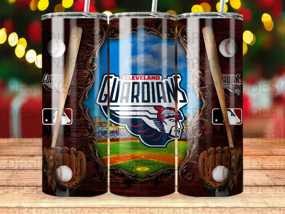 Cleveland Guardians baseball team logo on a baseball field background.