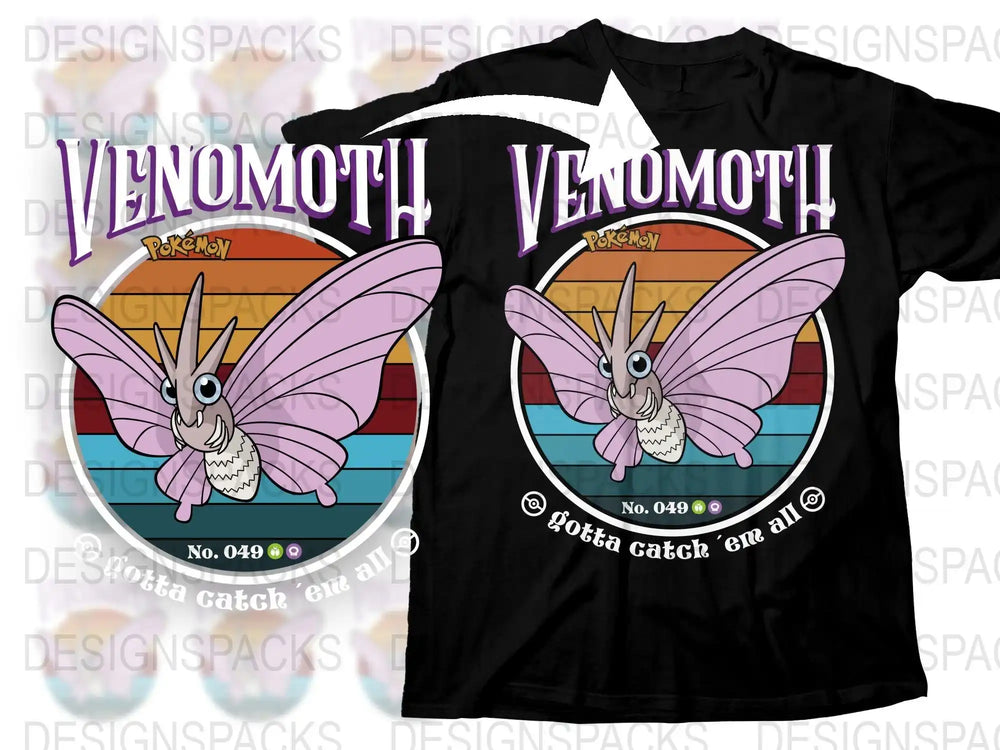 Venomoth Pokémon t-shirt design with retro sunset graphic, No. 049, 'gotta catch 'em all' text