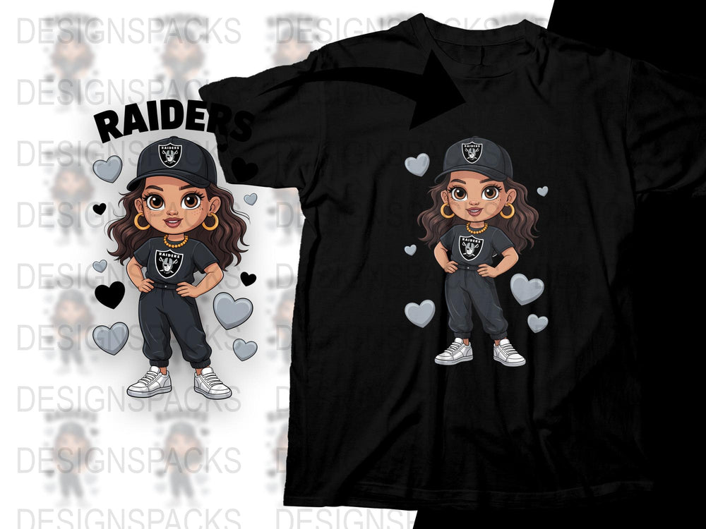 Raiders Themed Cartoon Character T-Shirt, Cute Girl Graphic Tee, Casual Black Shirt for Sports Fans