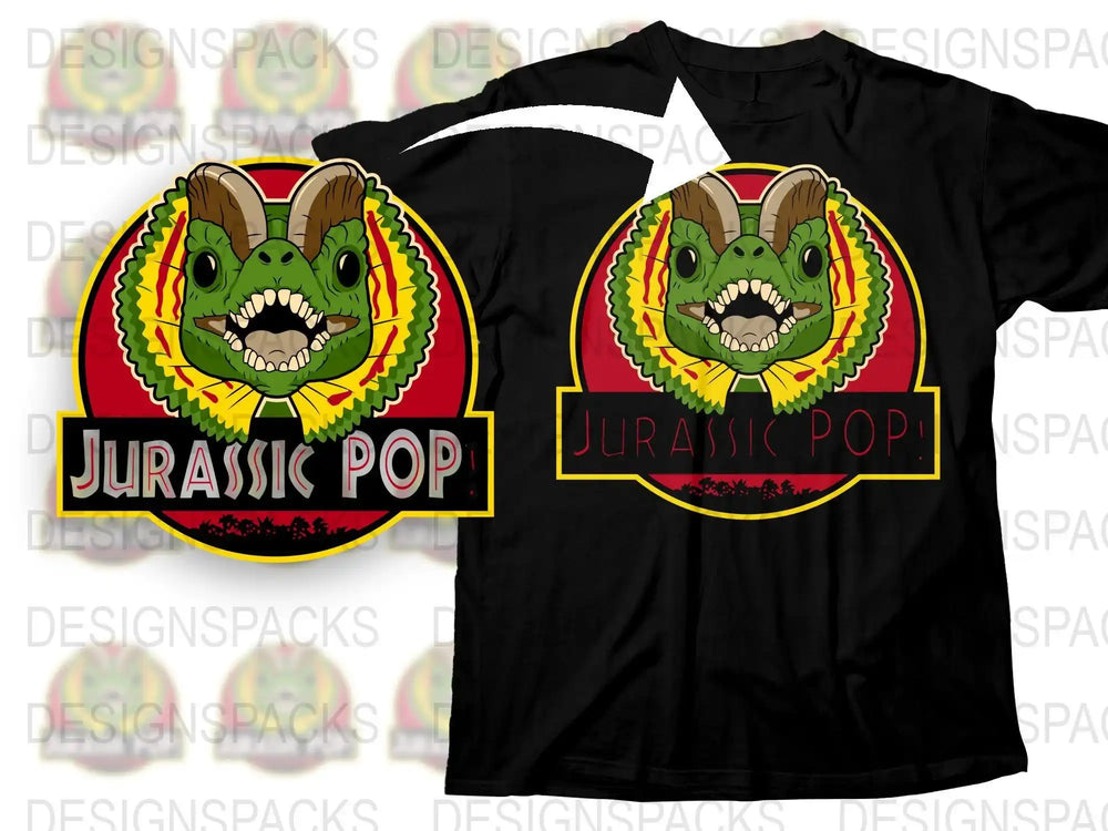 Jurassic Pop dinosaur t-shirt design with vibrant green dino and red-yellow accents