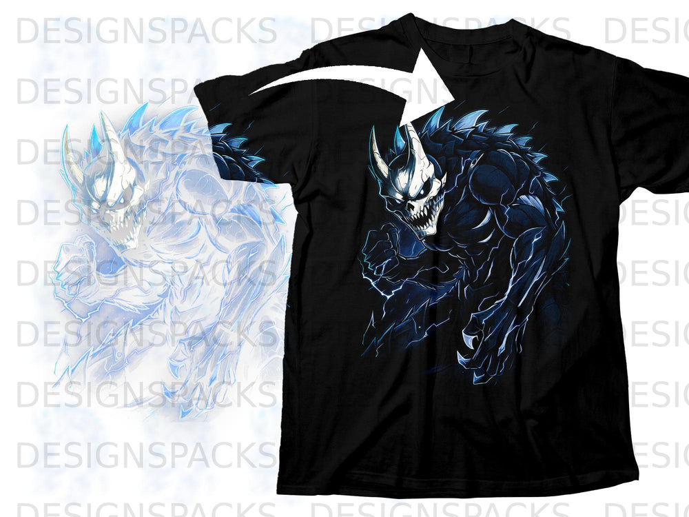 Black t-shirt featuring a blue and white skeletal monster design.
