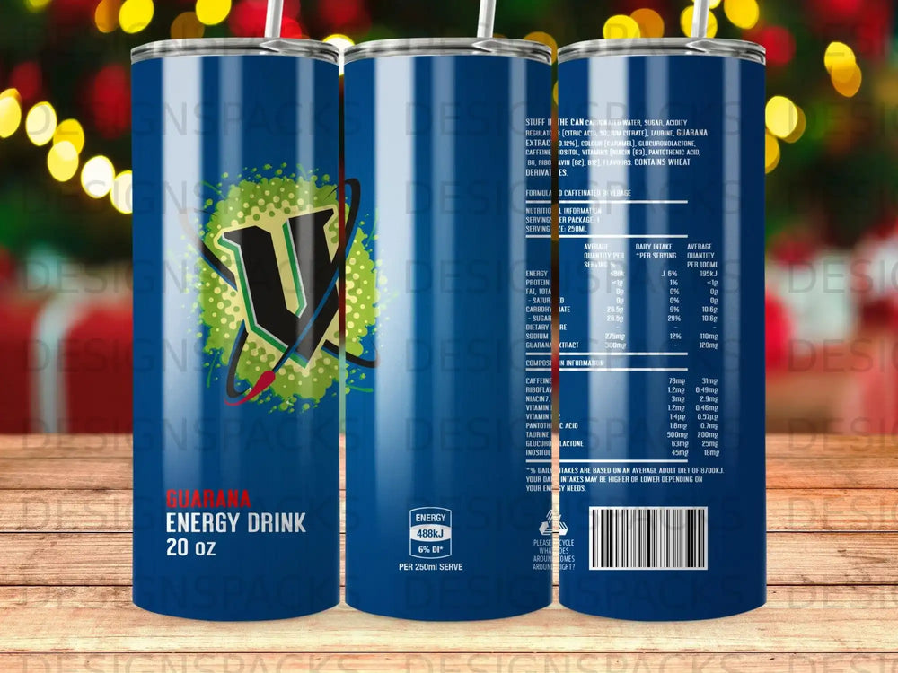 Energy drink with guarana extract, caffeine, vitamins, and flavors.