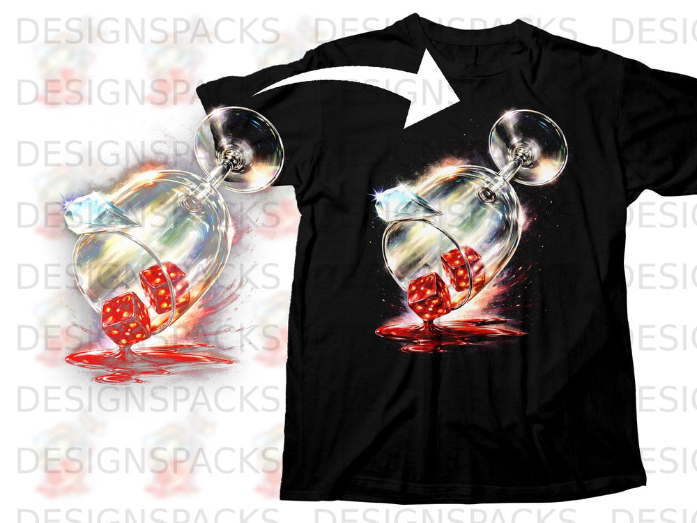 Black t-shirt with a graphic of a martini glass spilling red dice and liquid.